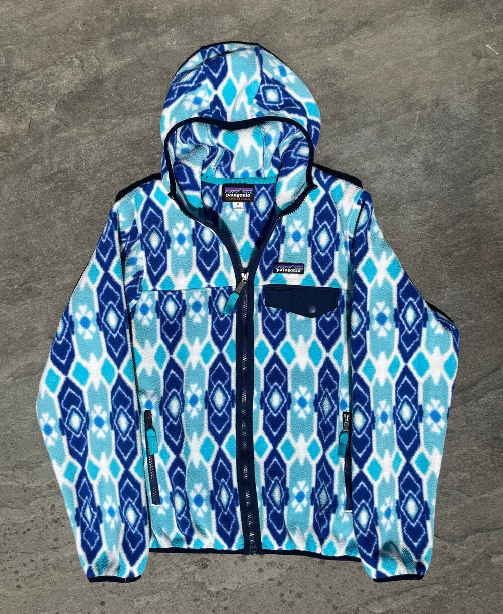 Patagonia Lightweight Synchilla Hooded Jacket Blue Geometric Fleece, Size M